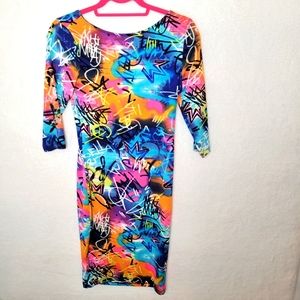 Nicki Minaj Dress Womens Medium M Bodycon Colorful Stretch Low Back Graffiti Y2K